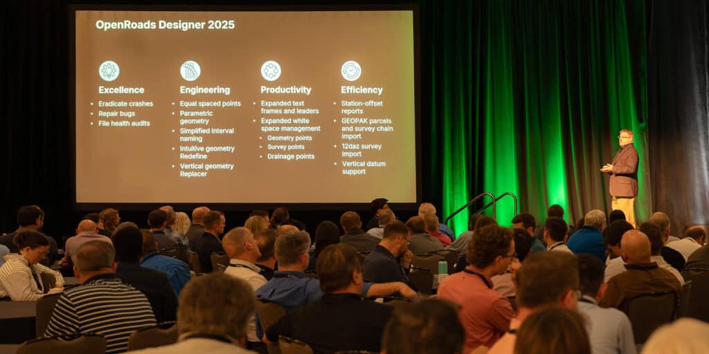 A speaker addresses engineers at the Bentley Civil User Conference; a large screen displays "OpenRoads Designer 2025" with goals for Excellence, Engineering, Productivity, and Efficiency.