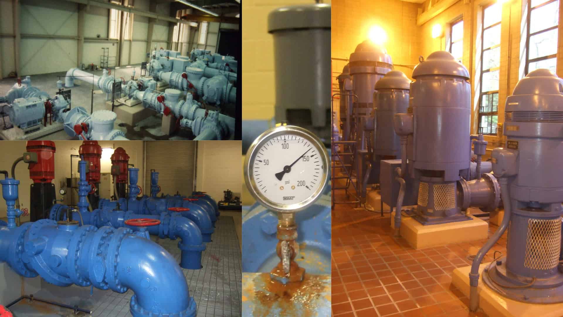 Collage showing large blue industrial pumps, piping, and a pressure gauge inside energy-efficient pump stations at a water treatment facility, highlighting their impact on the overall energy budget.