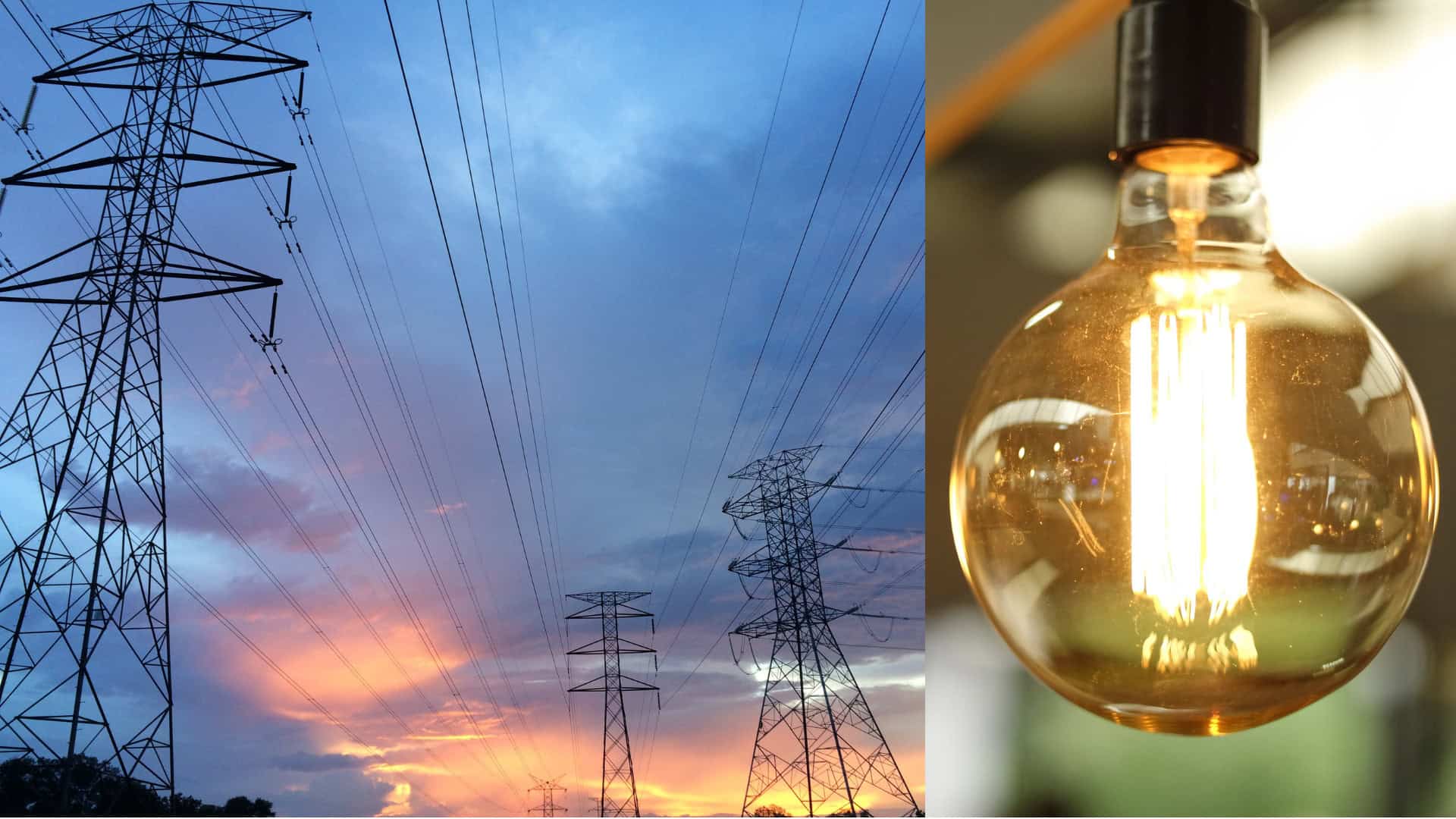 High-voltage power lines at sunset on the left and a lit incandescent light bulb on the right, illustrating electricity transmission and use while highlighting challenges faced by America's aging grid.