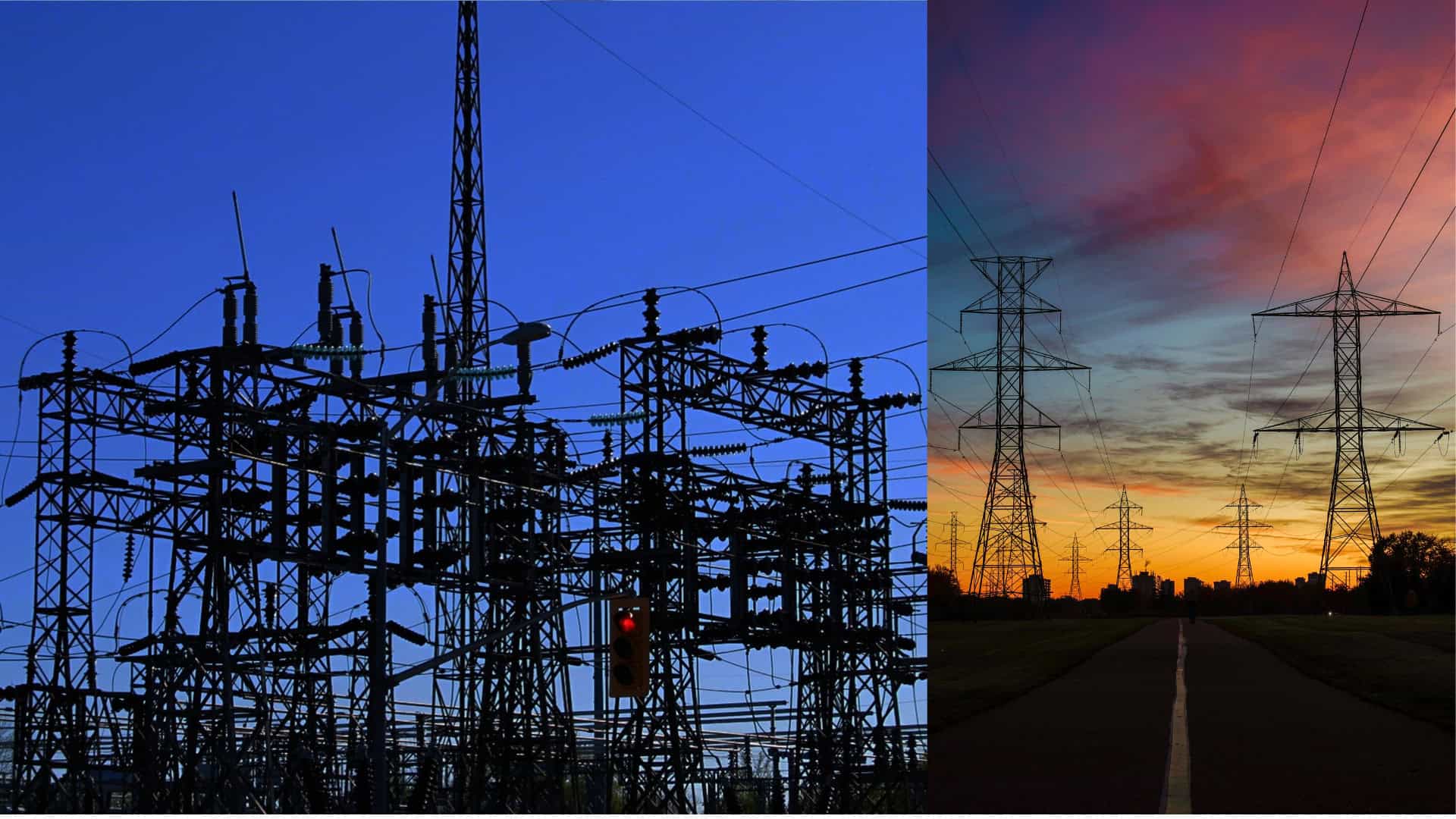 Two images side by side: on the left, an electrical substation against a blue sky—on the right, power lines and towers at sunset, highlighting how Bentley’s open applications empower AI-enabled applications in modern infrastructure.