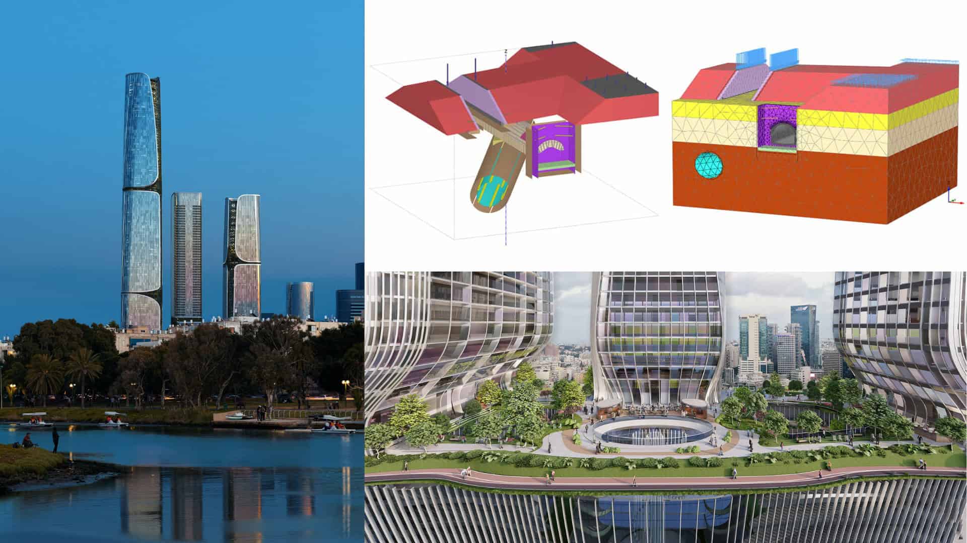 Collage showing modern high-rise buildings by water, Bentley architectural diagrams with colored sections highlighting structural precision, and a courtyard view of futuristic towers with gardens.