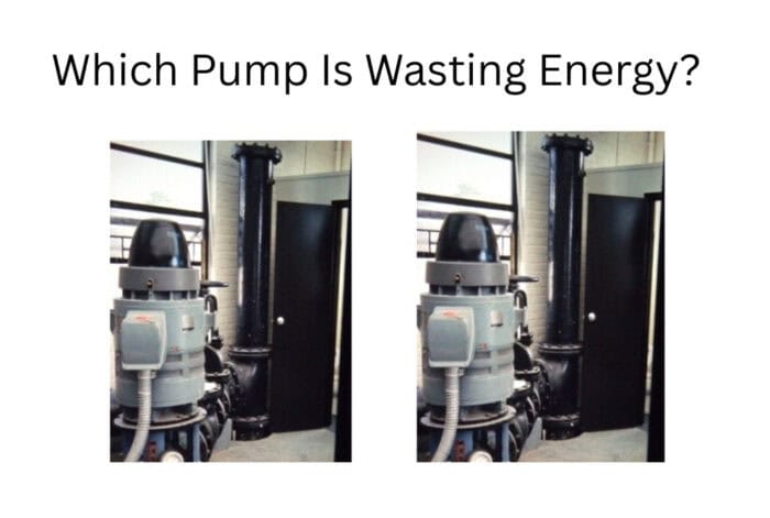 Two identical industrial pumps are shown side by side indoors at a water pump station, with the question "Which Pump Is Wasting Energy?" written above them for a discussion on efficiency curves.