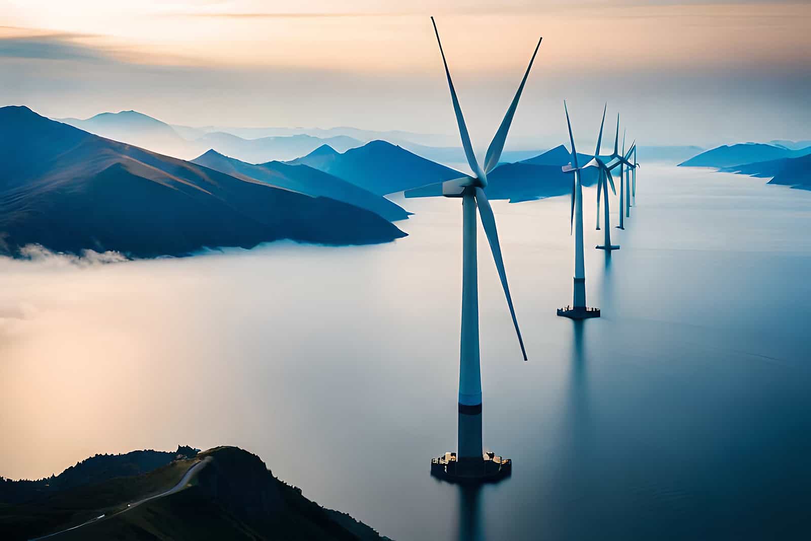 Large offshore wind turbines are arranged in a row over calm water, with mountains and mist visible in the background during sunrise or sunset, illustrating advancements in offshore wind energy supported by geotechnical modelling.