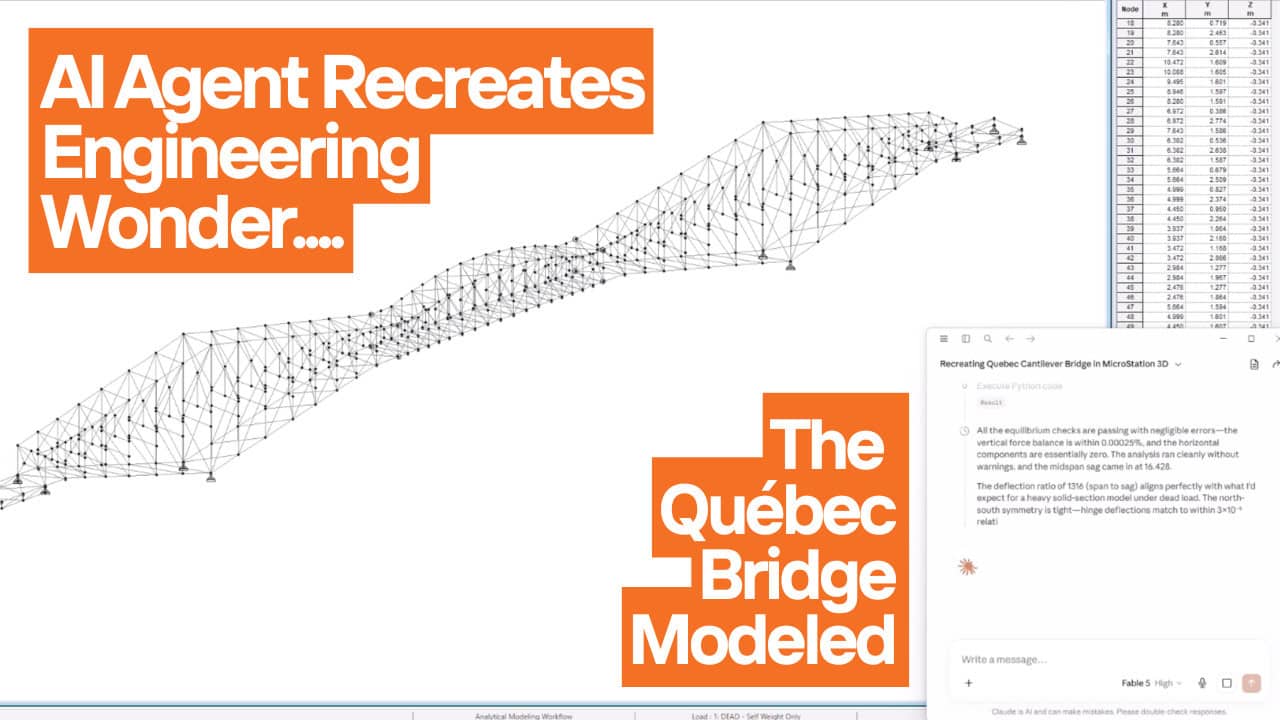Wireframe model of a bridge spans diagonally across a pale screen, overlaid with orange and white text reading "AI Agent Recreates Engineering Wonder... The Québec Bridge Modeled." This visualization captures the remarkable precision with which an AI Agent pays tribute to the historic engineering wonder of the Québec Bridge.