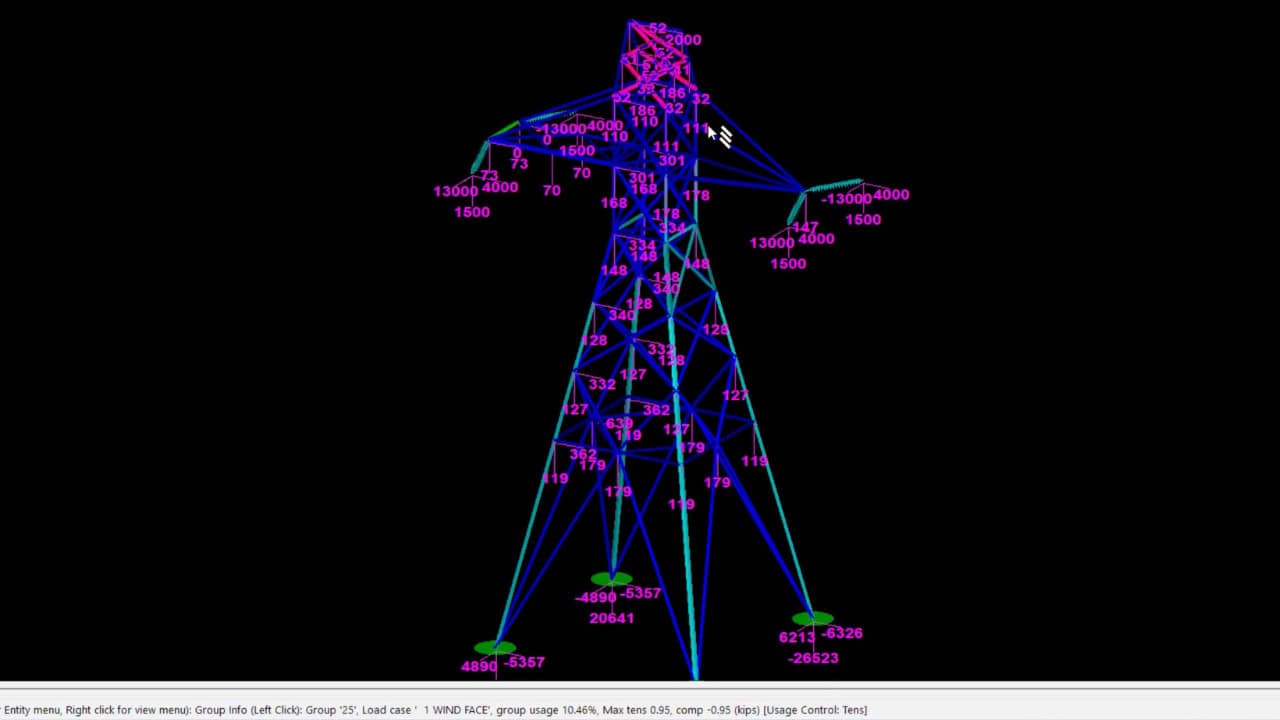 A digital diagram of a truss structure shaped like a human figure, reminiscent of frameworks used by a power line company, with joints, forces, and numerical labels marked in pink, blue, and green on a black background.