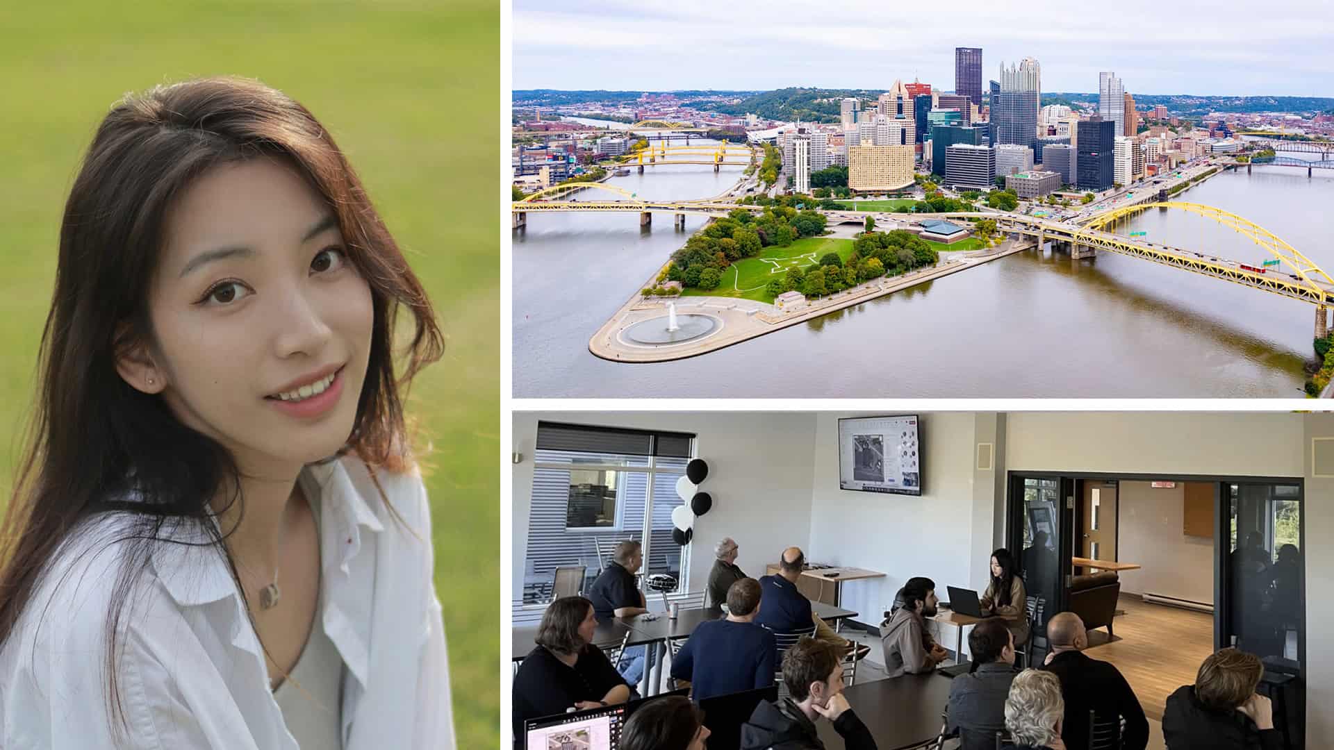 Top left: Woman smiling outdoors. Top right: Aerial view of cityscape with bridges and rivers. Bottom: People in a room watching a presentation.